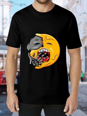 Black Short-Sleeve Graphic Tee with Yellow Zombie Emoticon